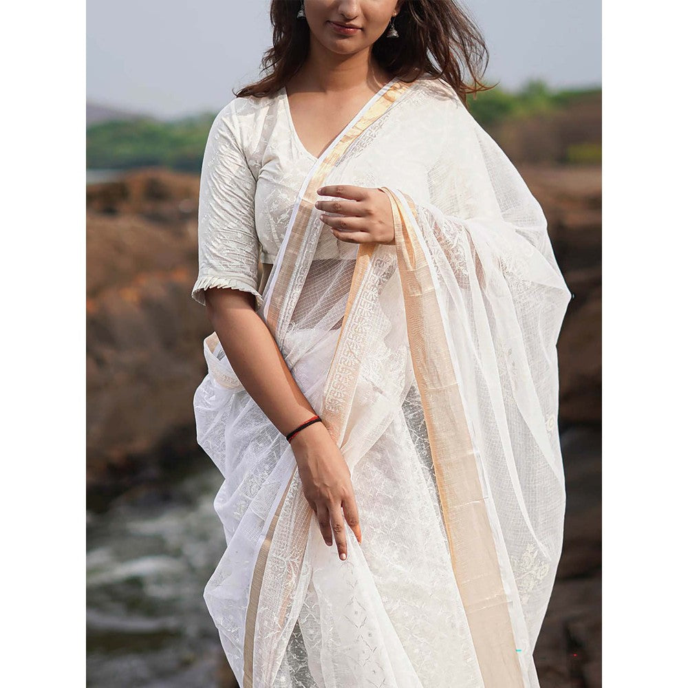 Chidiyaa Safed Birch Moon Kota Doria White Block Printed Saree with Unstitched Blouse