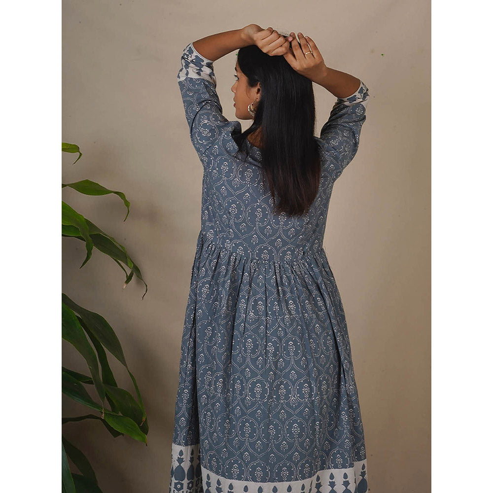 Chidiyaa Bms Hollow Dusk Grey Block Printed Anarkali Kurta with Pant