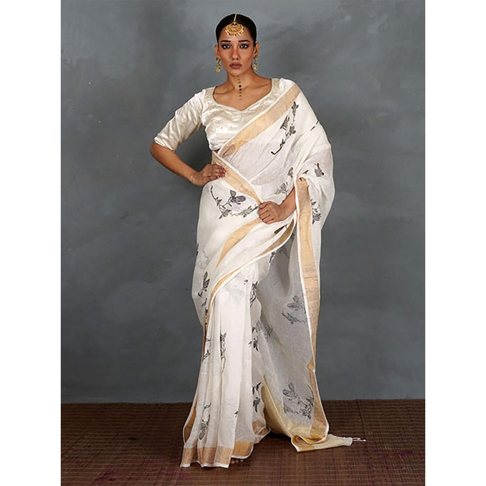Chidiyaa Aabroo White Hand Block Linen Saree with Unstitched Blouse