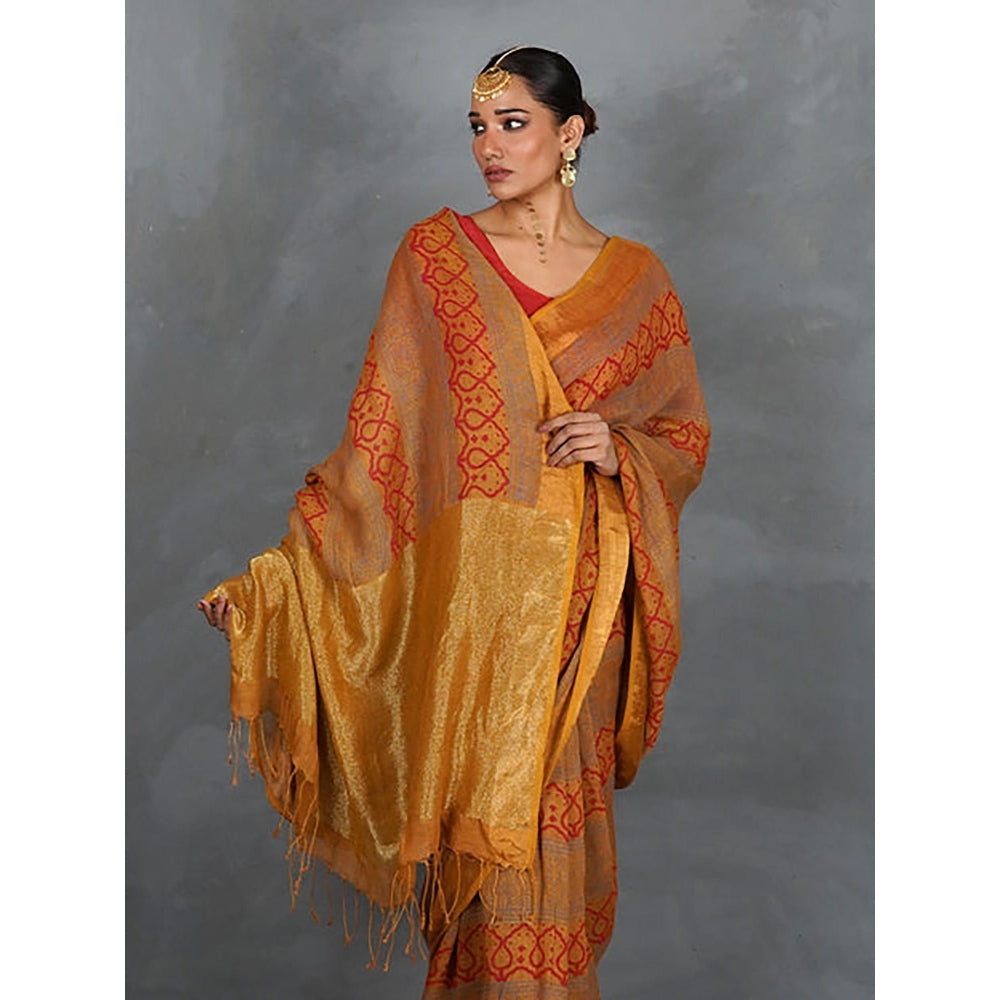 Chidiyaa Deepika Mustard Hand Block Linen Saree with