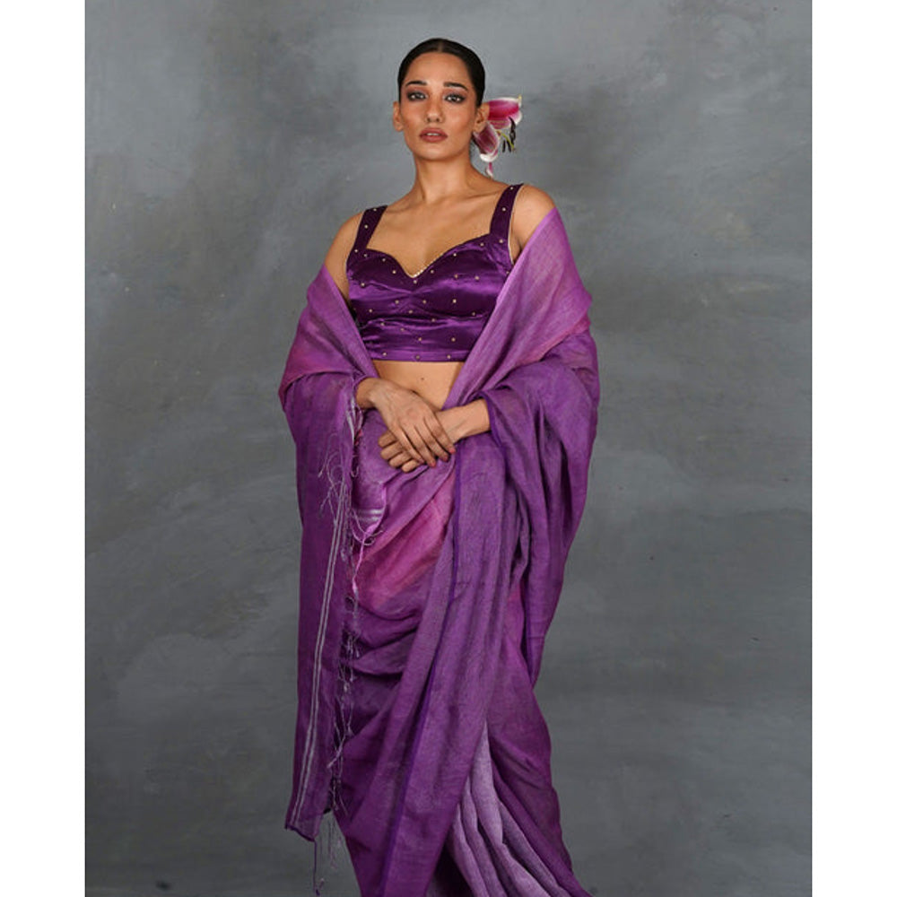 Chidiyaa Embrace Glow Purple Handwoven Linen Saree with Unstitched Blouse - Tara