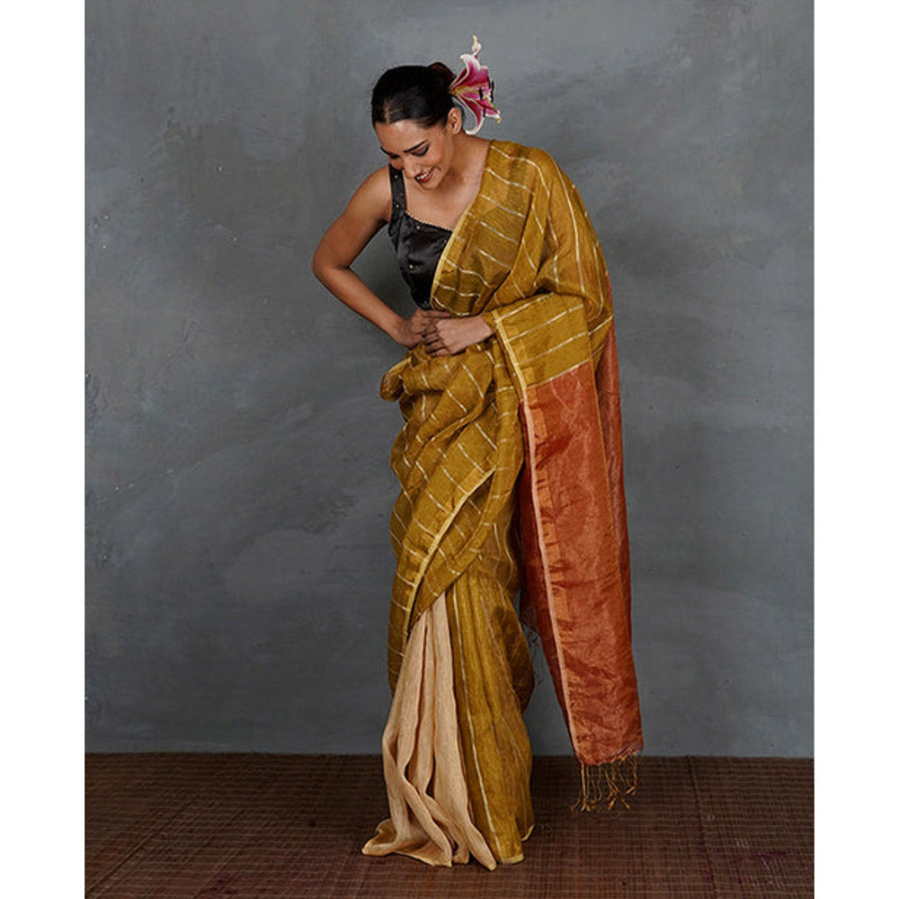 Chidiyaa Mustard Gold Handwoven Linen Saree with Unstitched Blouse