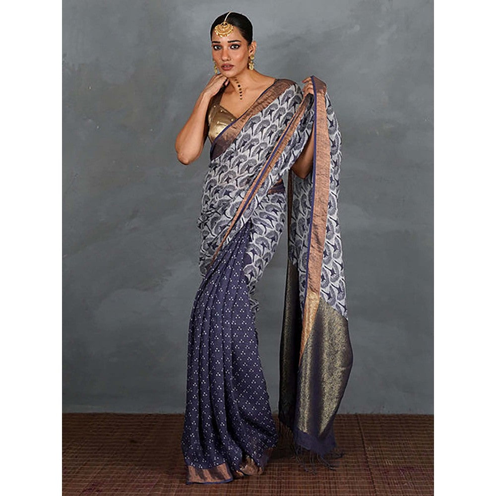 Chidiyaa Prabha Blue with White Handblock Linen Saree with Unstitched Blouse