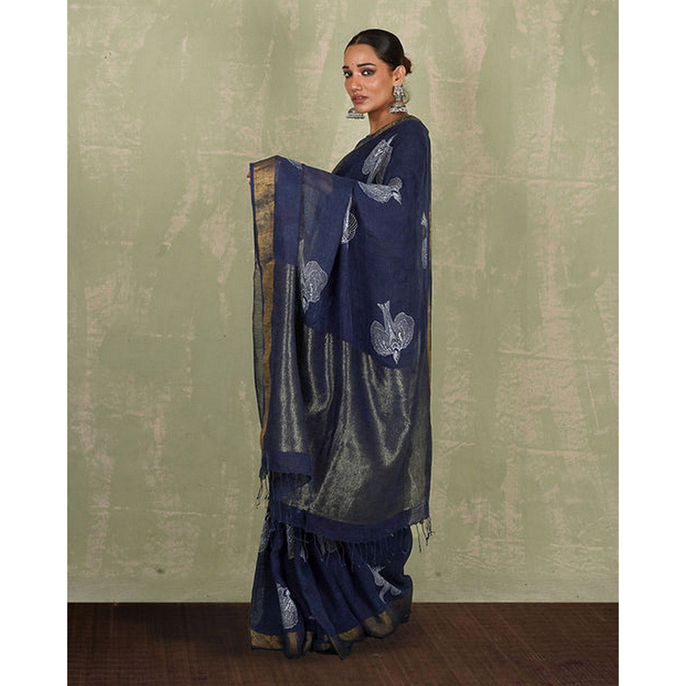Chidiyaa Rasiya Blue Hand Block Print Linen Saree with Unstitched Blouse