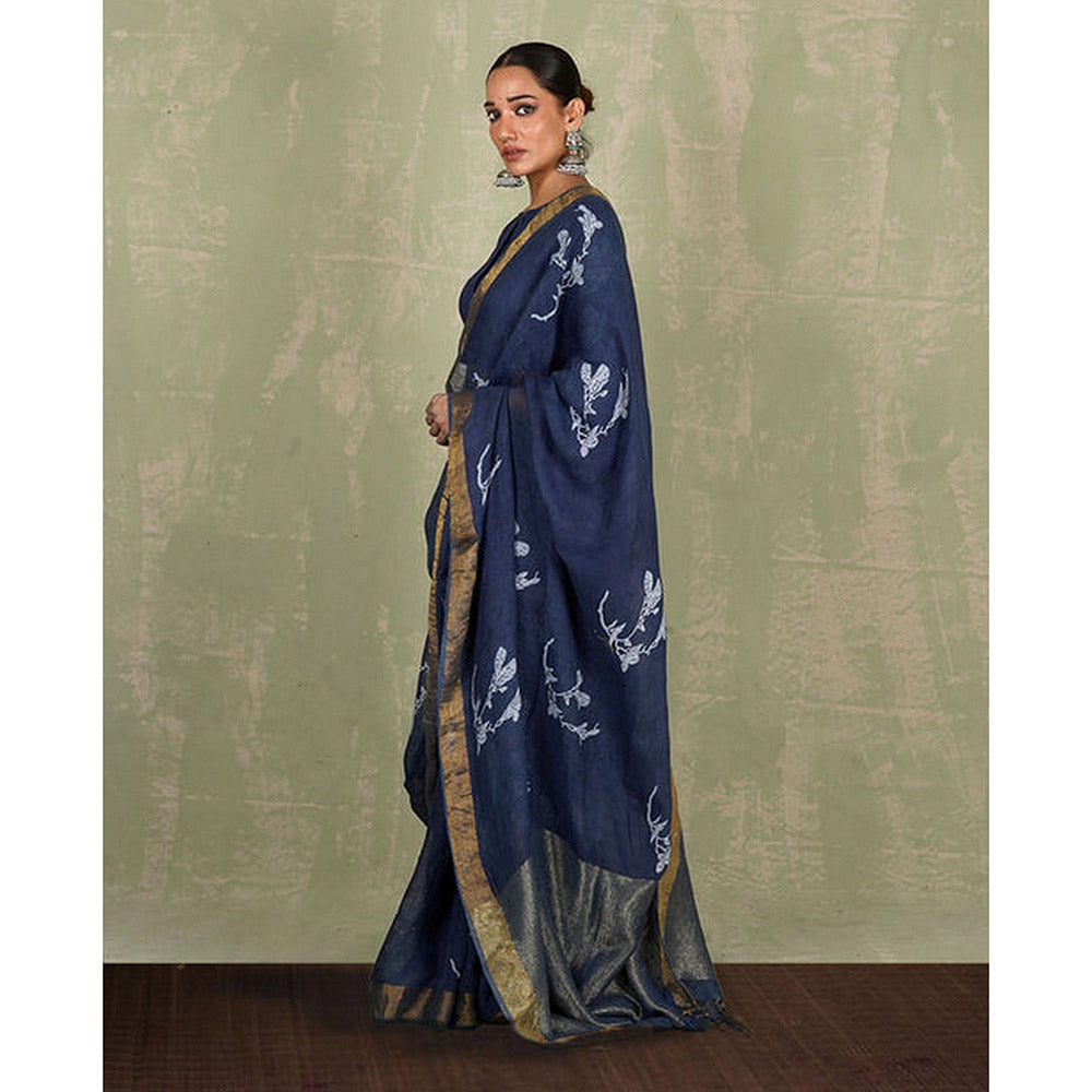Chidiyaa Purva Blue Hand Block Print Linen Saree with Unstitched Blouse