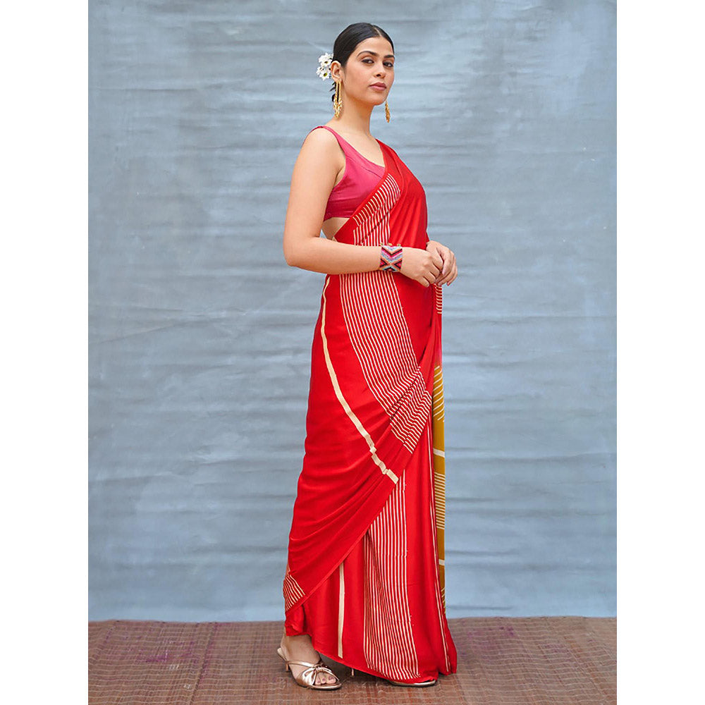 Chidiyaa Gentle Fall Red Handblock Print Modal Silk Saree with Unstitched Blouse