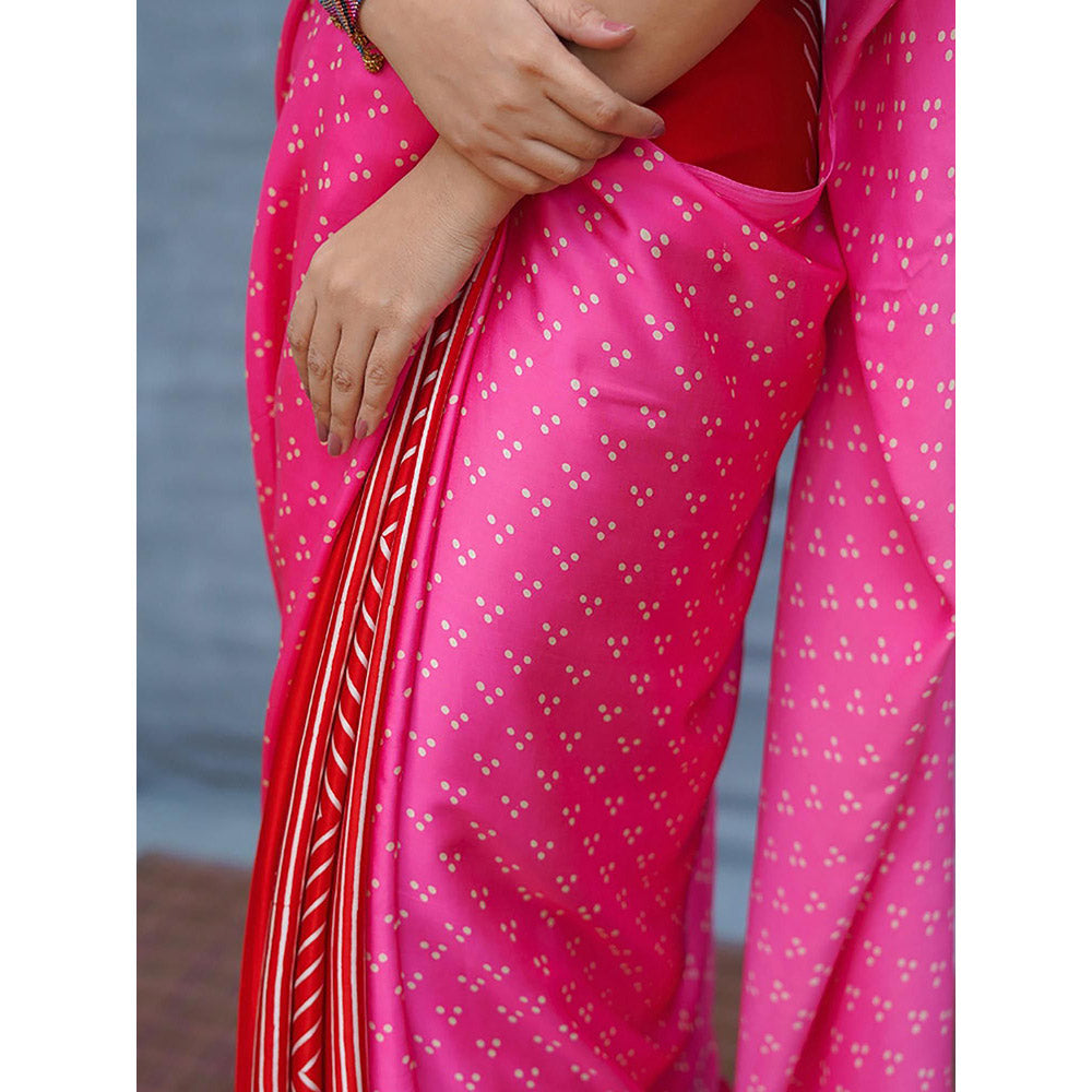 Chidiyaa Light Sway Pink With Red Handblock Print Modal Silk Saree with Unstitched Blouse