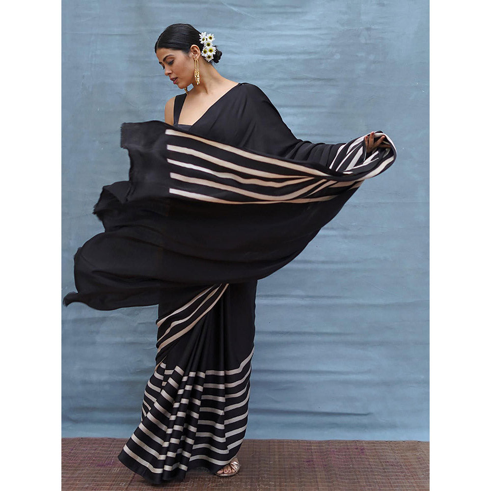 Chidiyaa Airy Fold Black Handblock Print Modal Silk Saree with Unstitched Blouse