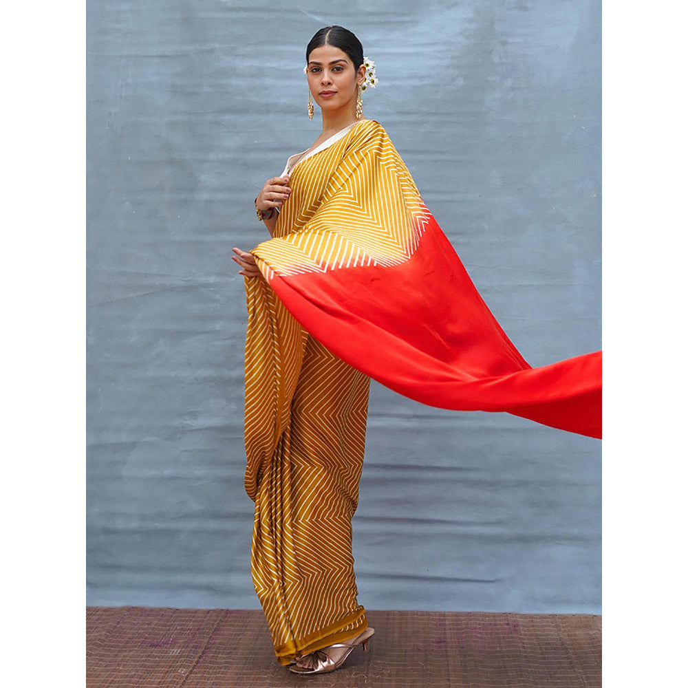 Chidiyaa Calm Glide Yellow Handblock Print Modal Silk Saree with Unstitched Blouse