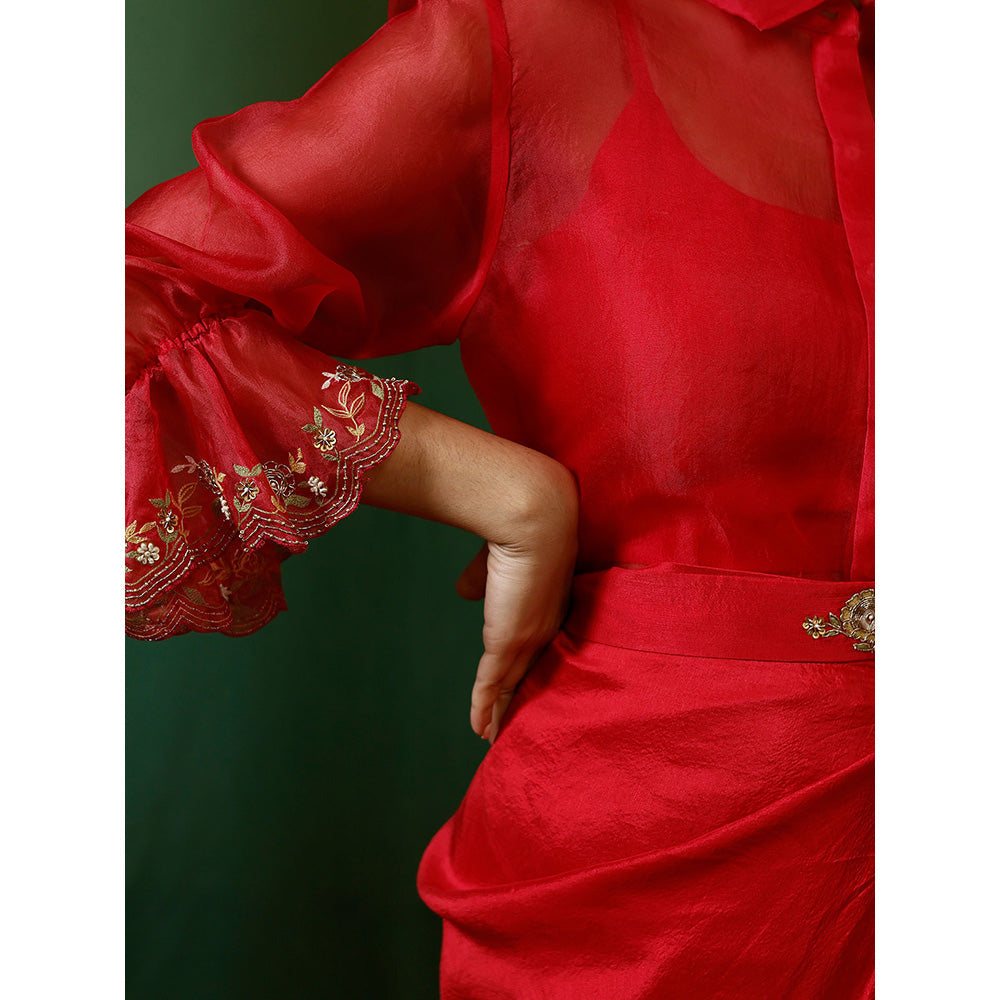 Chokhi Chorri Red Shirt With Slip And Skirt And Belt (Set of 4)