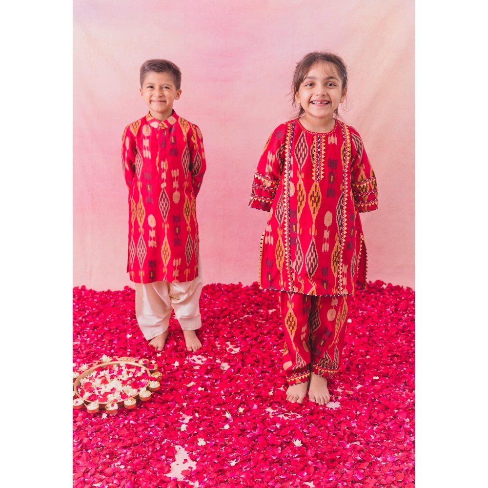 Chotibuti Red Mirror Work Kurta with Salwar