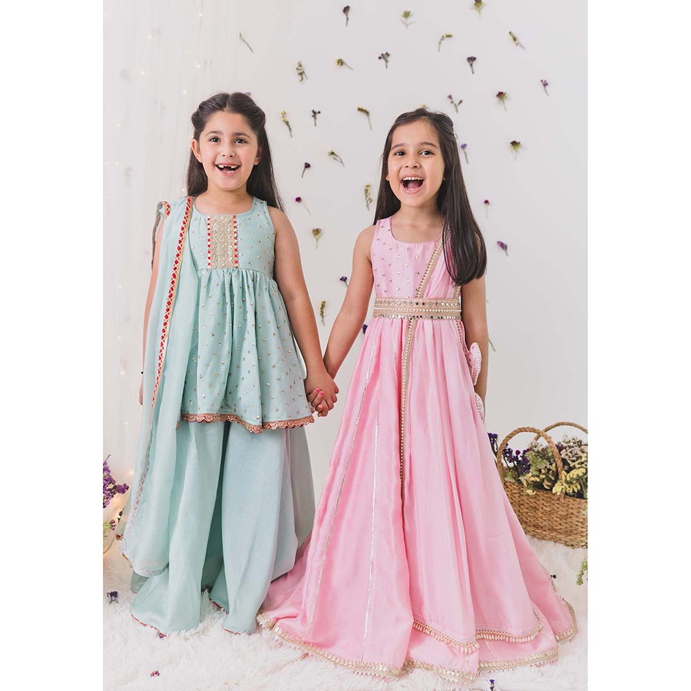 Chotibuti Embroidered Green Anarkali Kurti with Sharara and Dupatta