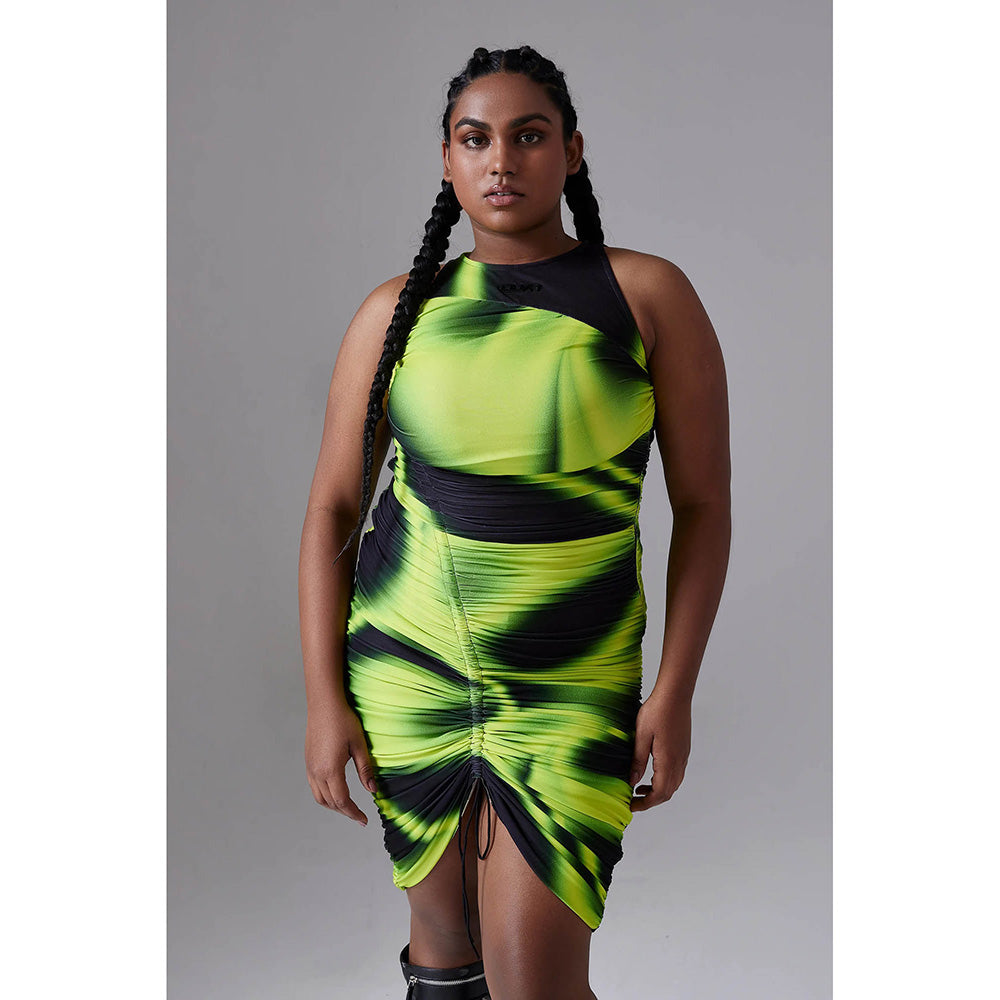 CILVR Asymmetric Ruched Mini Dress Acid Green