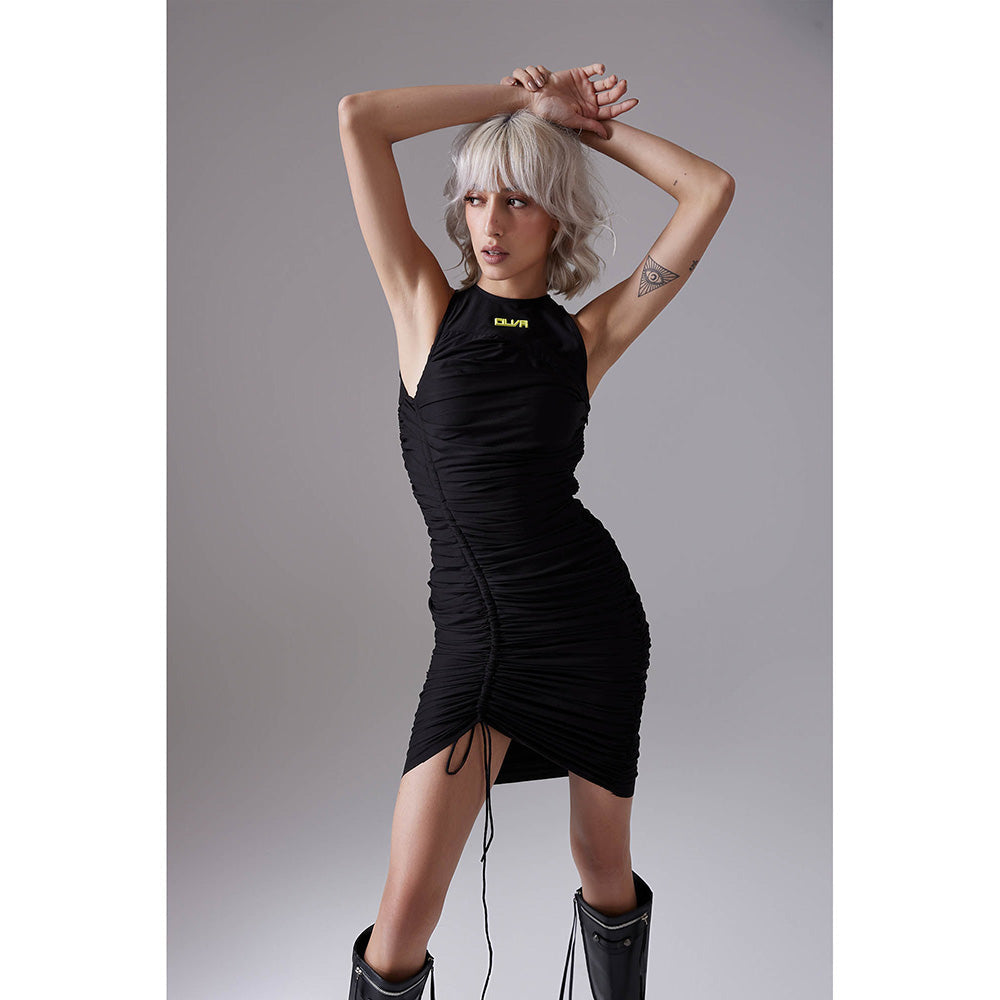 CILVR Black Asymmetric Ruched Mini Dress