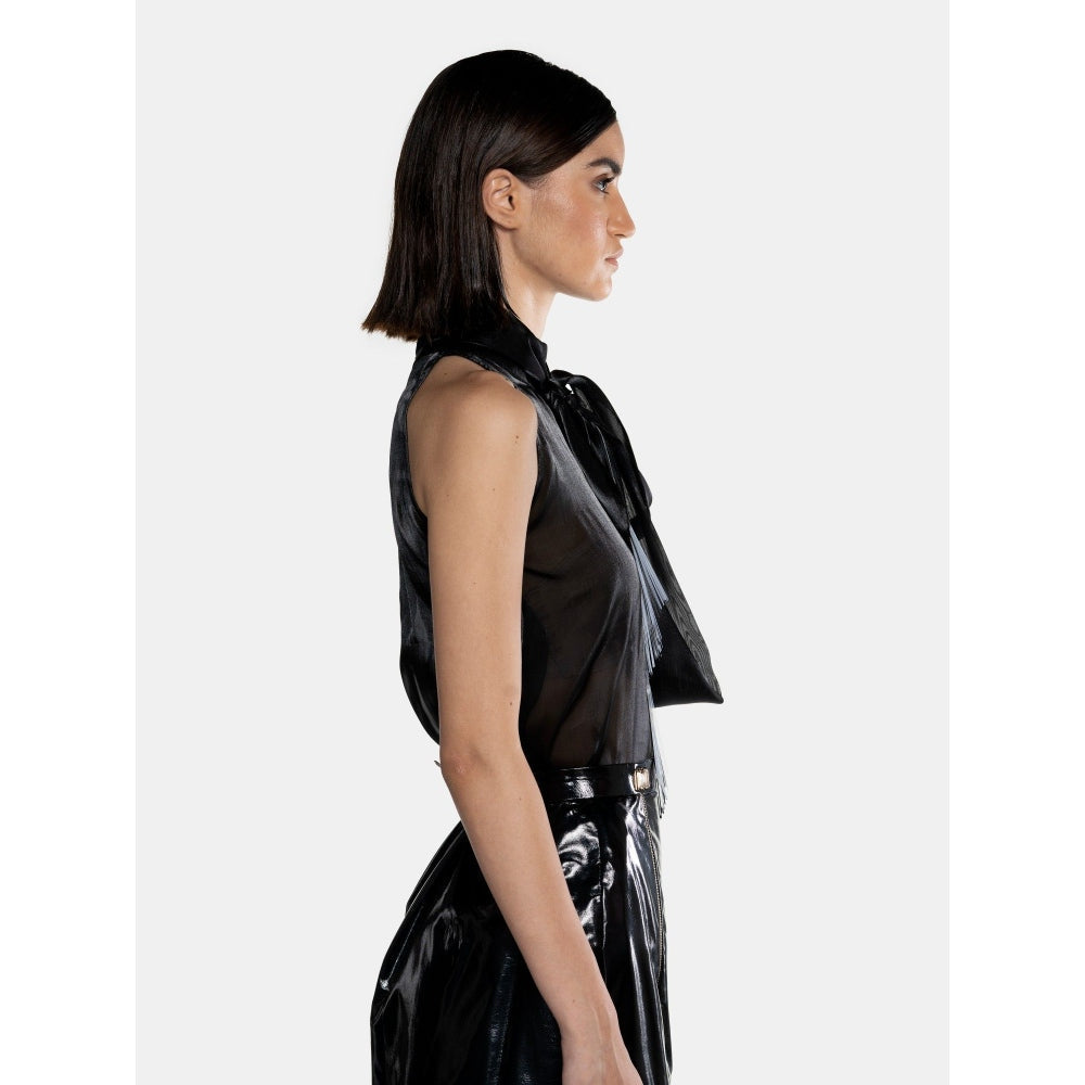 CILVR Women's Black Fluid Organza Fringe Crop Top