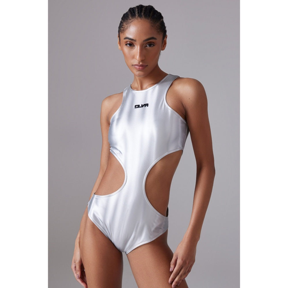 CILVR Women's Silver Scuba Sport Stride Sleeveless Bodysuit