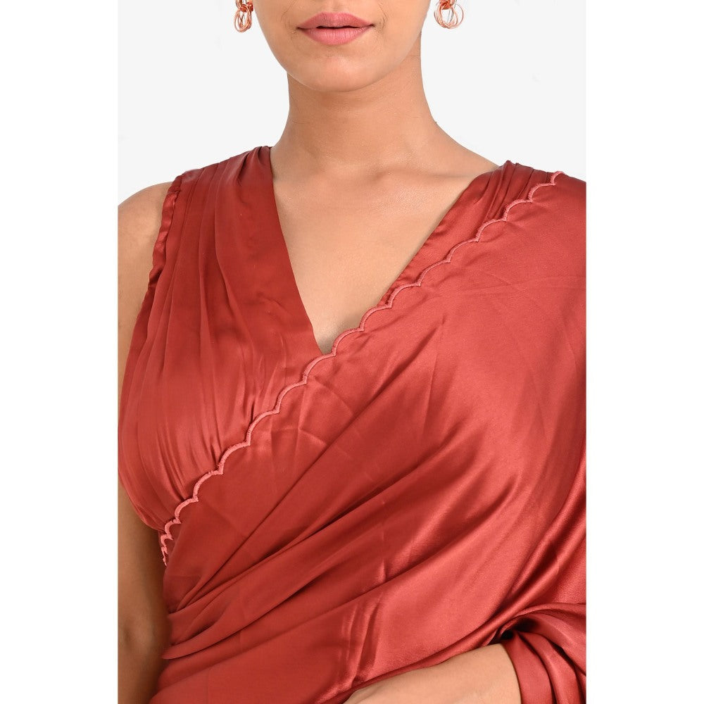Closet Aura Rust Solid Saree with Stitched Blouse