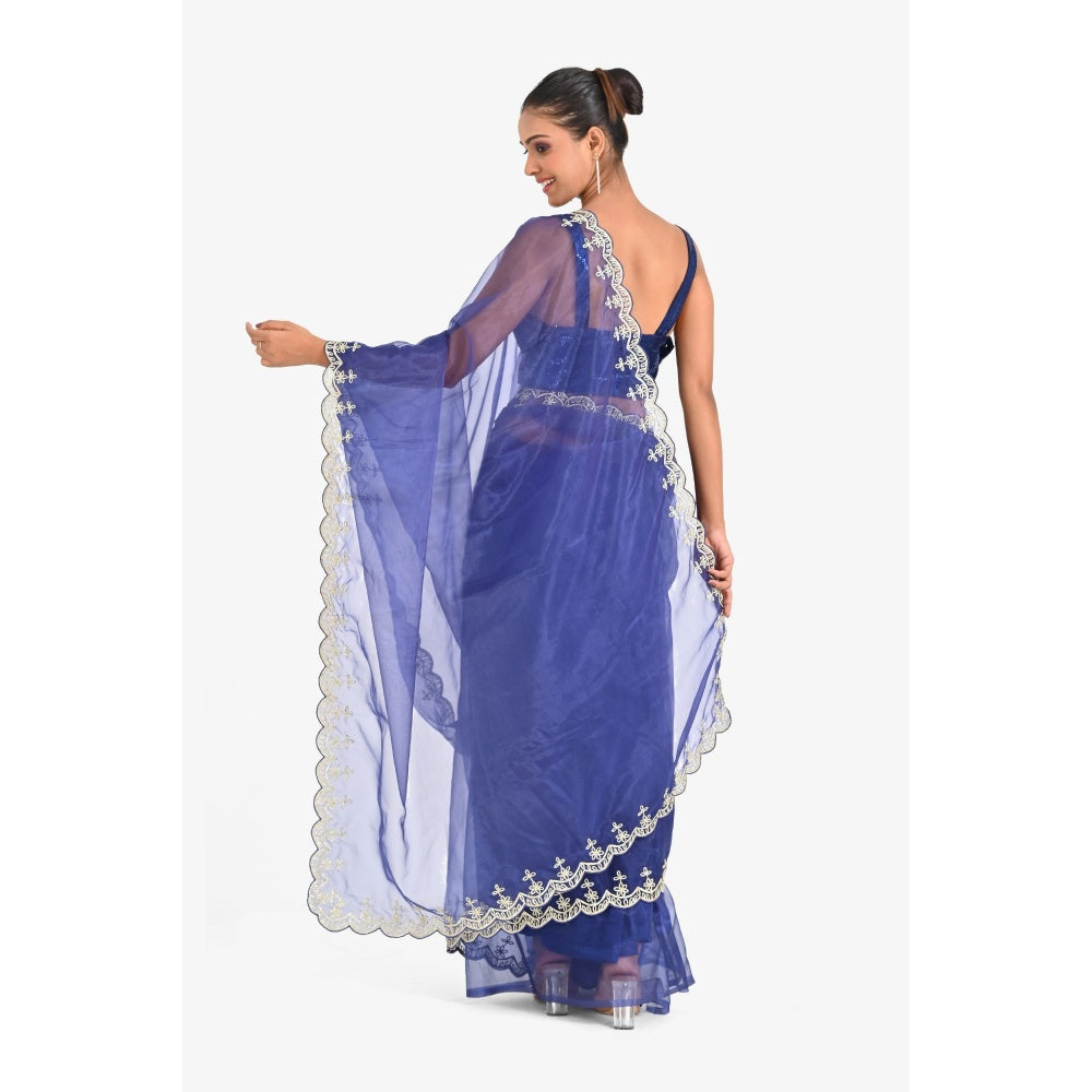 Closet Aura Blue Embroidered Saree with Stitched Blouse