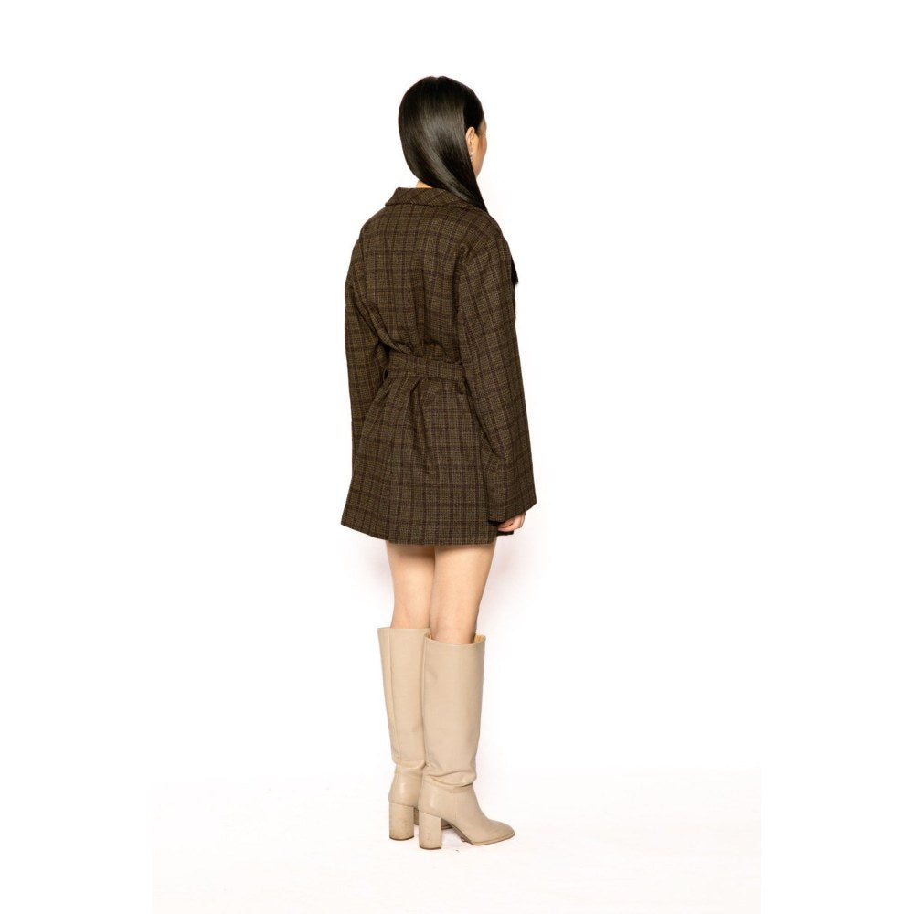 Contemponari Womens Poseidon Checks Brown Coat with Belt