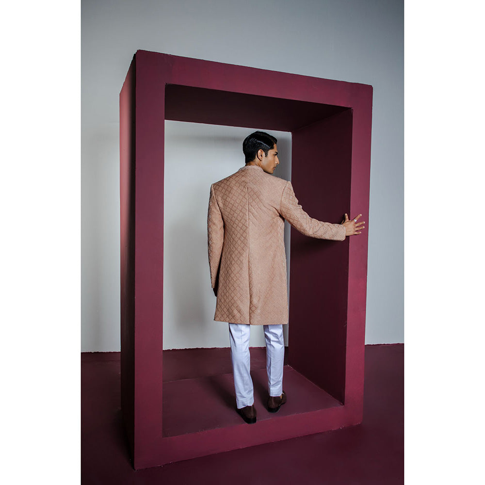 CONTRAST BY PARTH Brown Opulent Open Sherwani with Kurta & Pant (Set of 3)