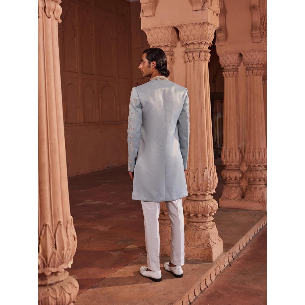 CONTRAST BY PARTH Blue Elaya Open Sherwani with Kurta and Pant (Set of 3)