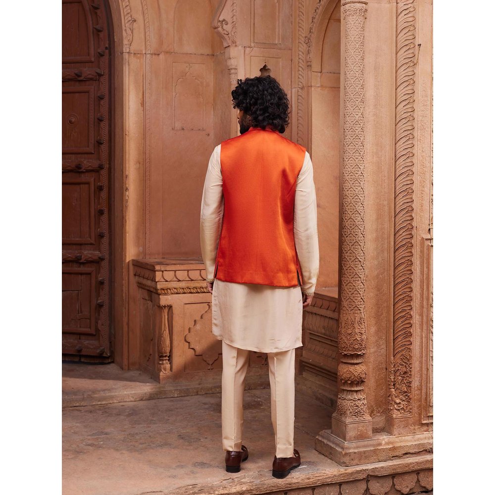 CONTRAST BY PARTH Rust Floral Nehru Jacket with Kurta and Pant (Set of 3)