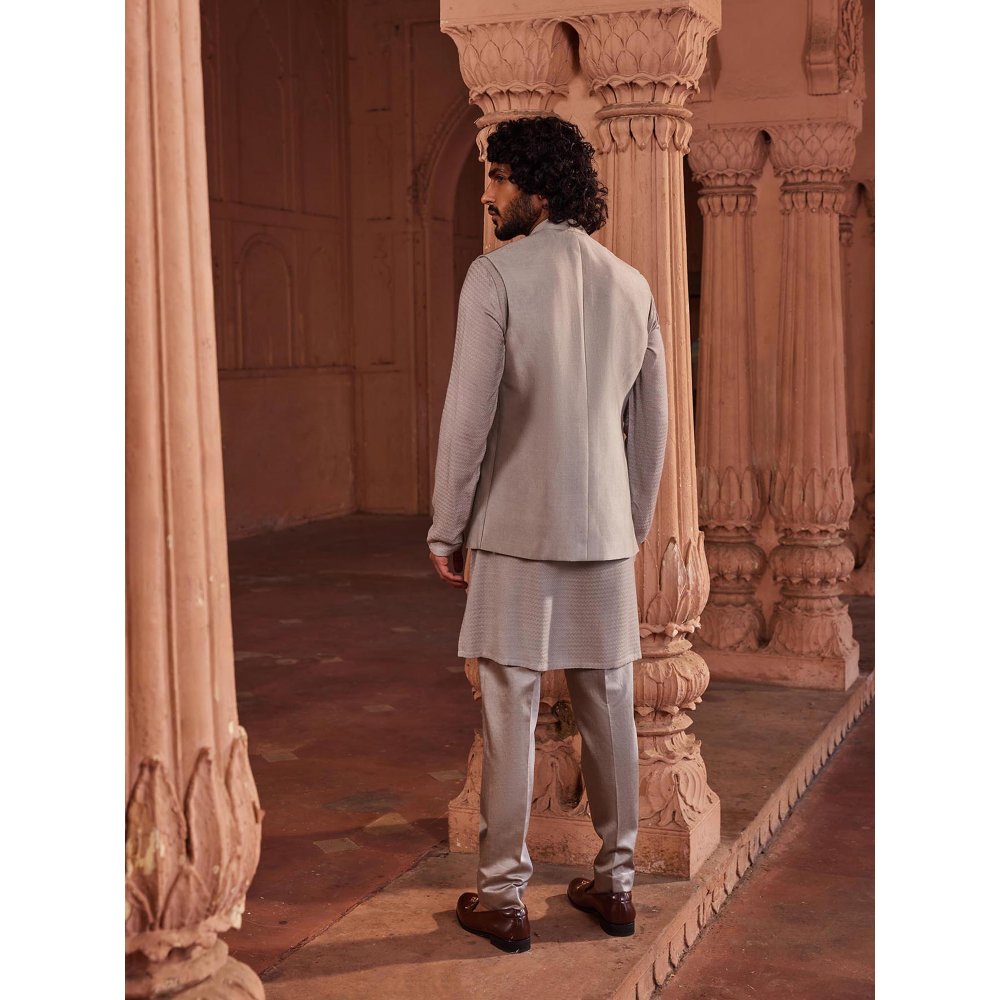 CONTRAST BY PARTH Taupe Hand Paint Nehru Jacket with Kurta and Pant (Set of 3)