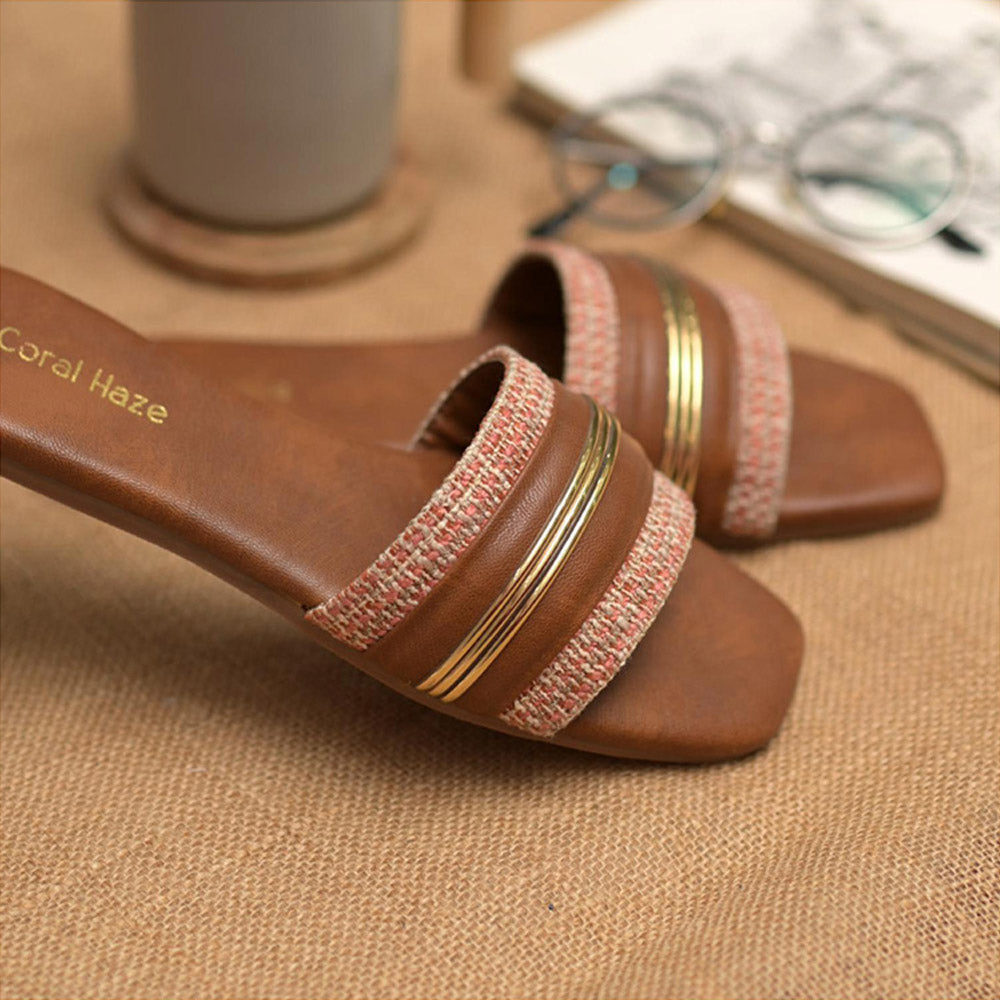 Coral Haze Brown Jacquard Thick Strap Flats with Gold Detailing