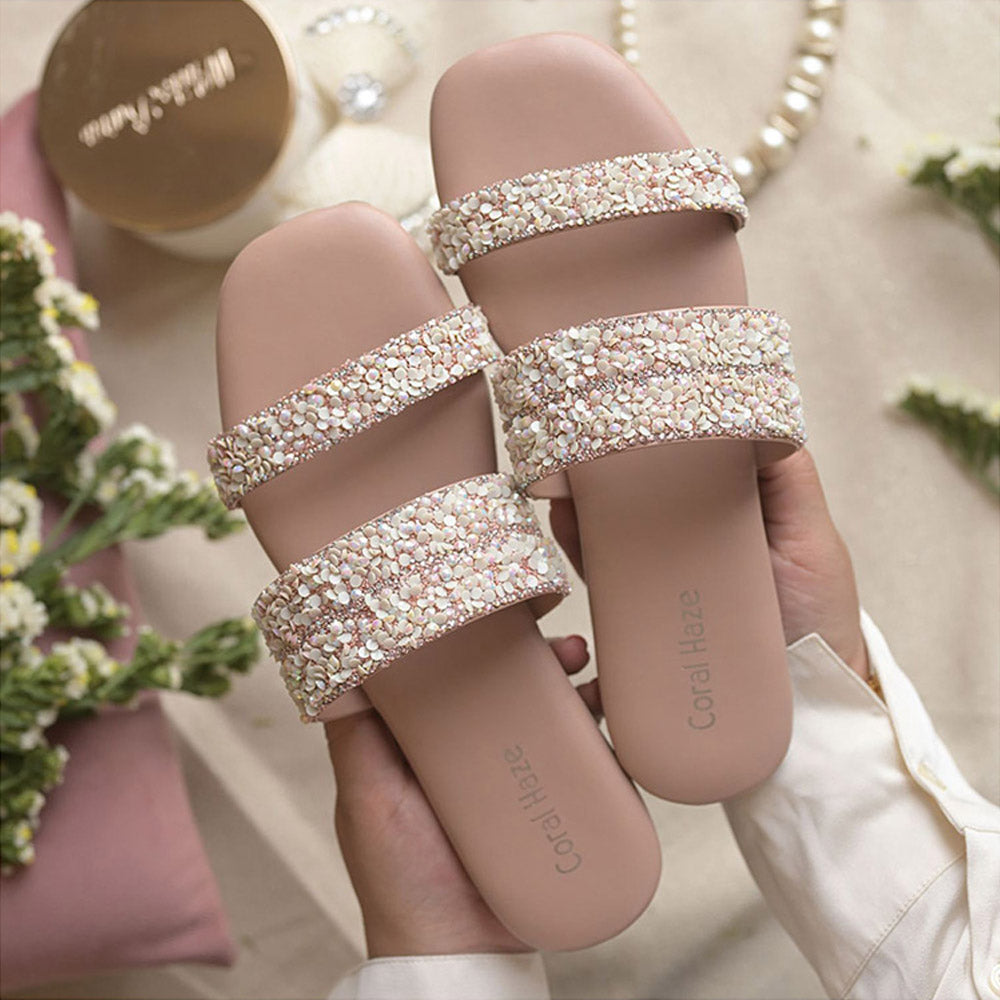 Coral Haze Peach Glitter And Rhinestone Double Straps Flat Sandals