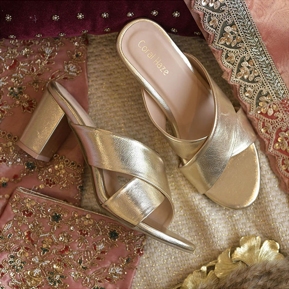 Coral Haze Gold Leatherette Criss Cross Strap With Block Heels Sandals