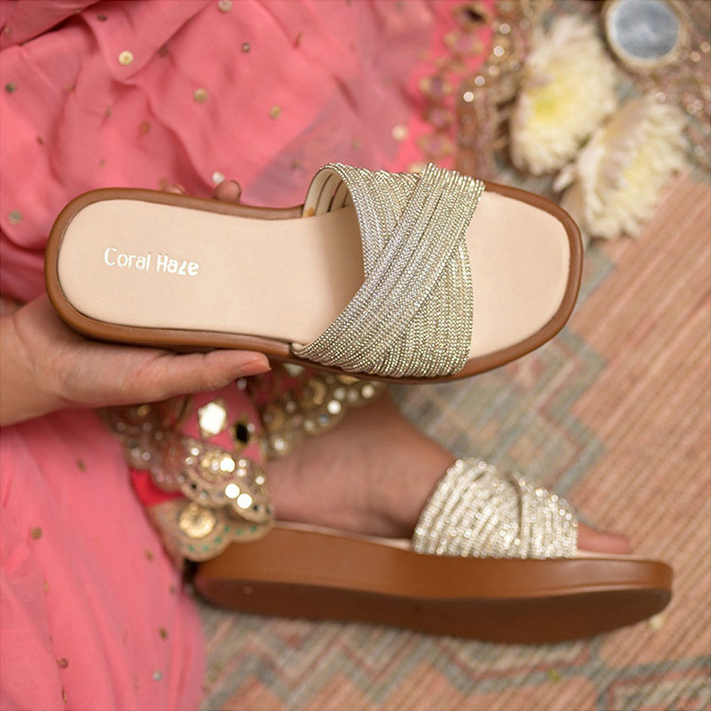 Coral Haze Silver Sandals with Multiple Rhinestone Straps