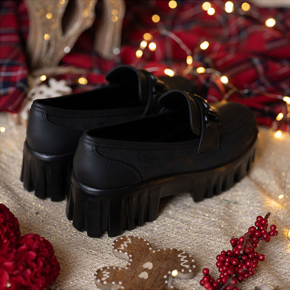 Coral Haze Vegan Leather Womem Platform Loafers Black