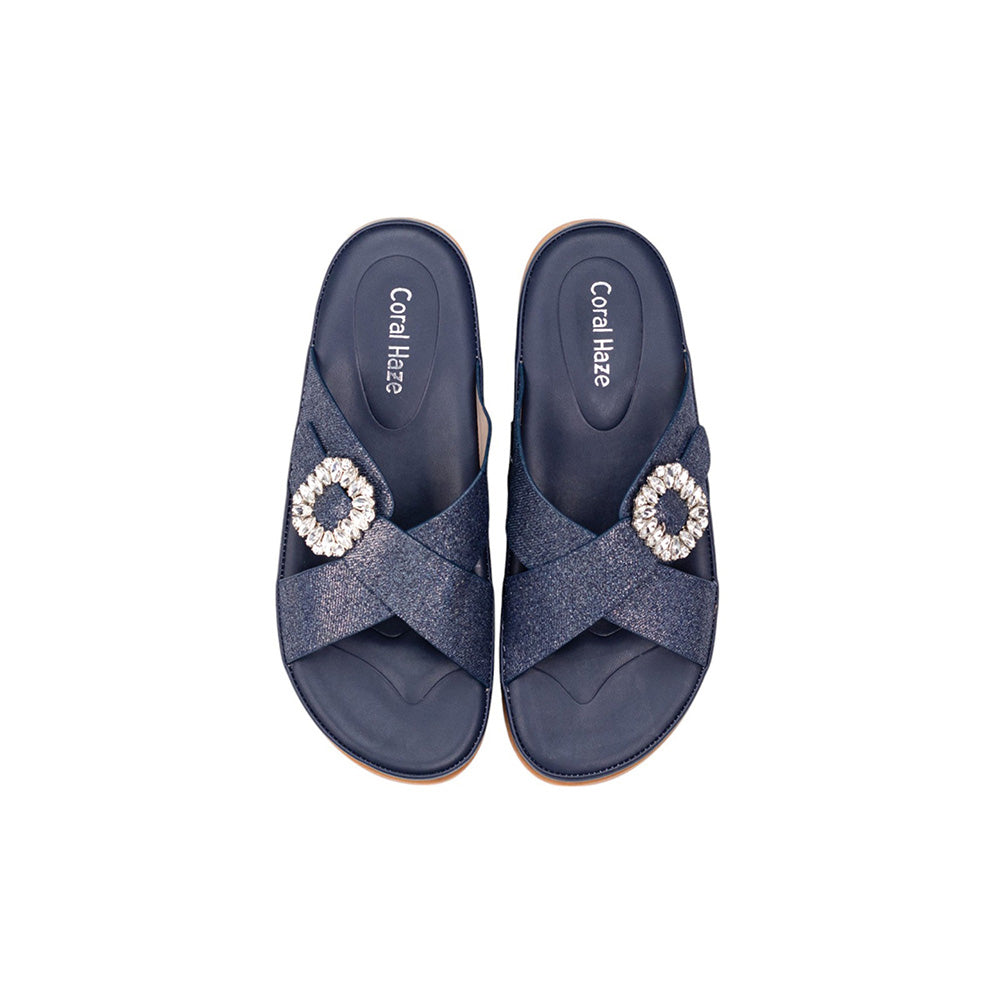 Coral Haze Dark Denim Navy Blue Glitter Cushioned Flatform Sandals