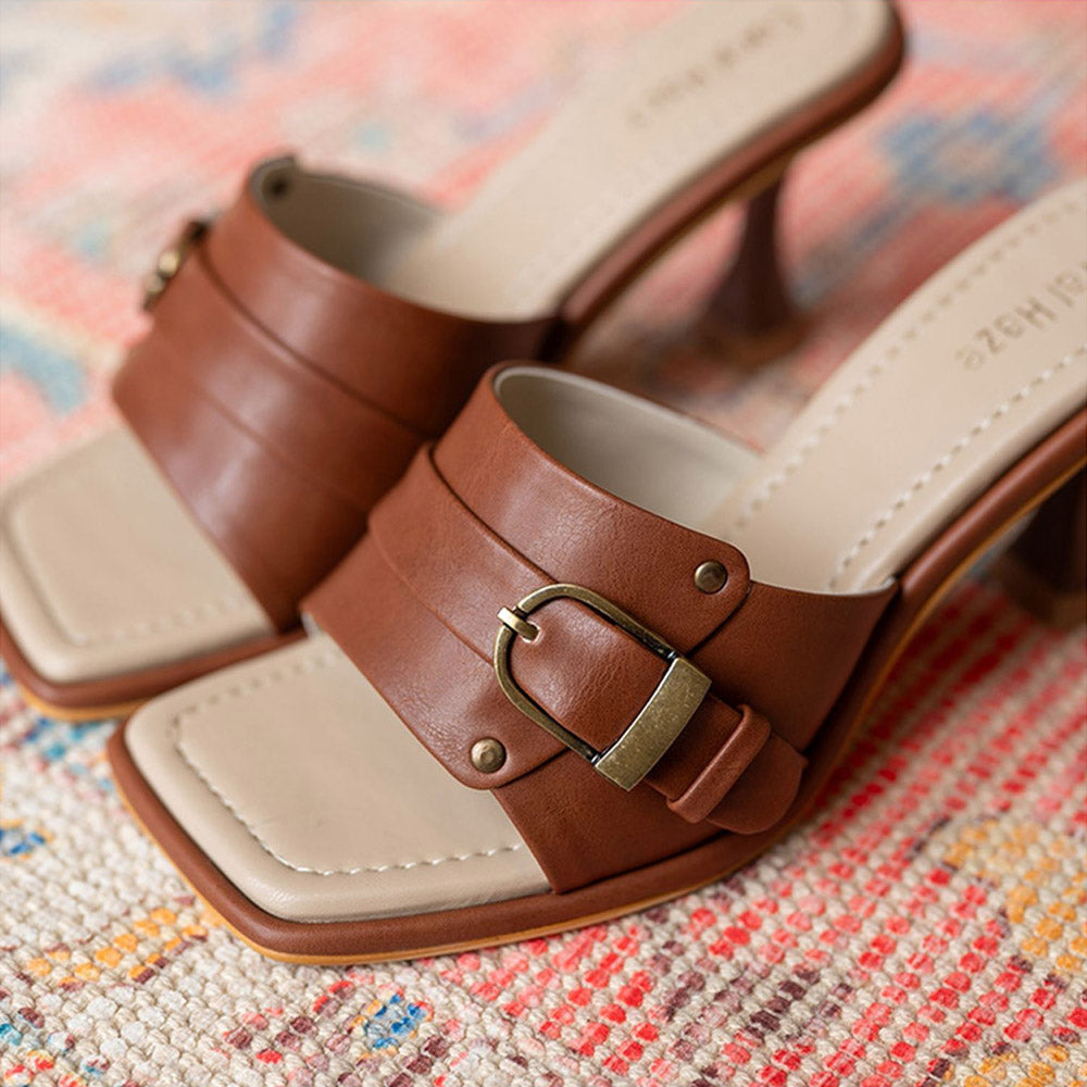 Coral Haze CEO Tan and Beige Square Toe Heels