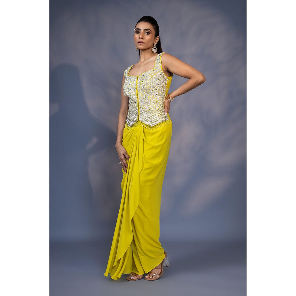 Daatri by meenakshi kakkar Green Embroidered Jacket with Draped Skirt (Set of 2)