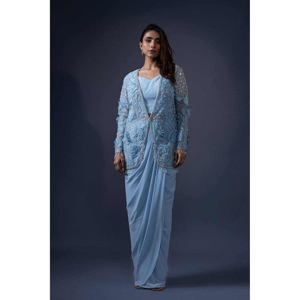 Daatri by meenakshi kakkar Blue 3D Work Jacket with Drape Skirt and Bustier (Set of 2)