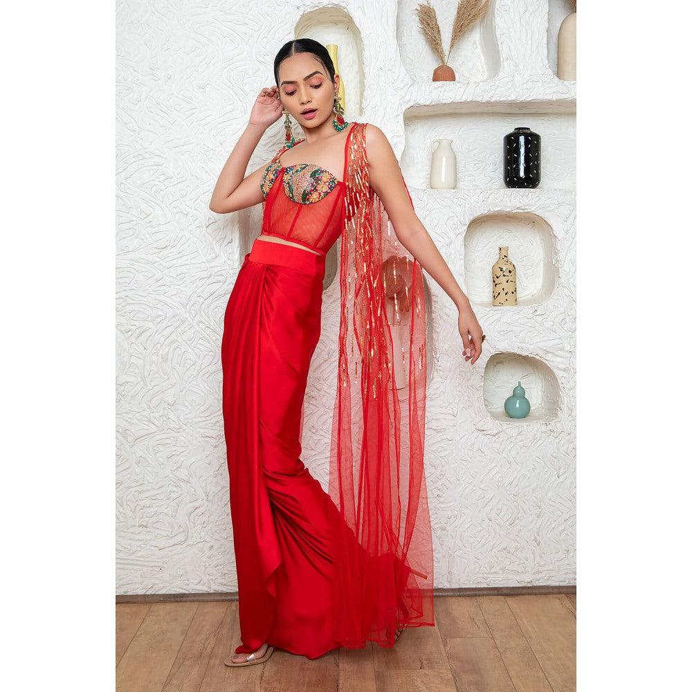 Daatri by meenakshi kakkar Red Drape Skirt with Corset Blouse and Cape (Set of 3)