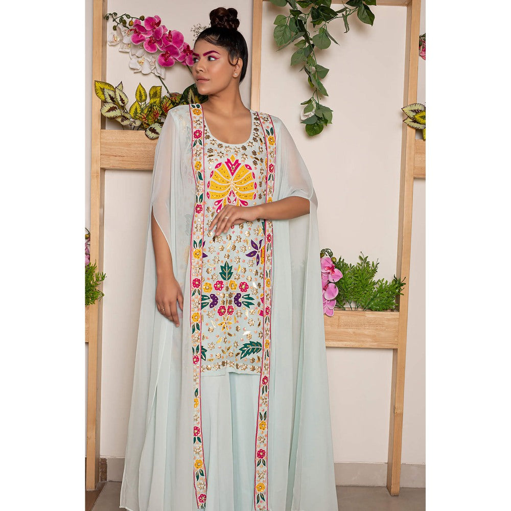 Daatri by meenakshi kakkar Blue Sharara with Embroidered Kurti and Cape (Set of 3)