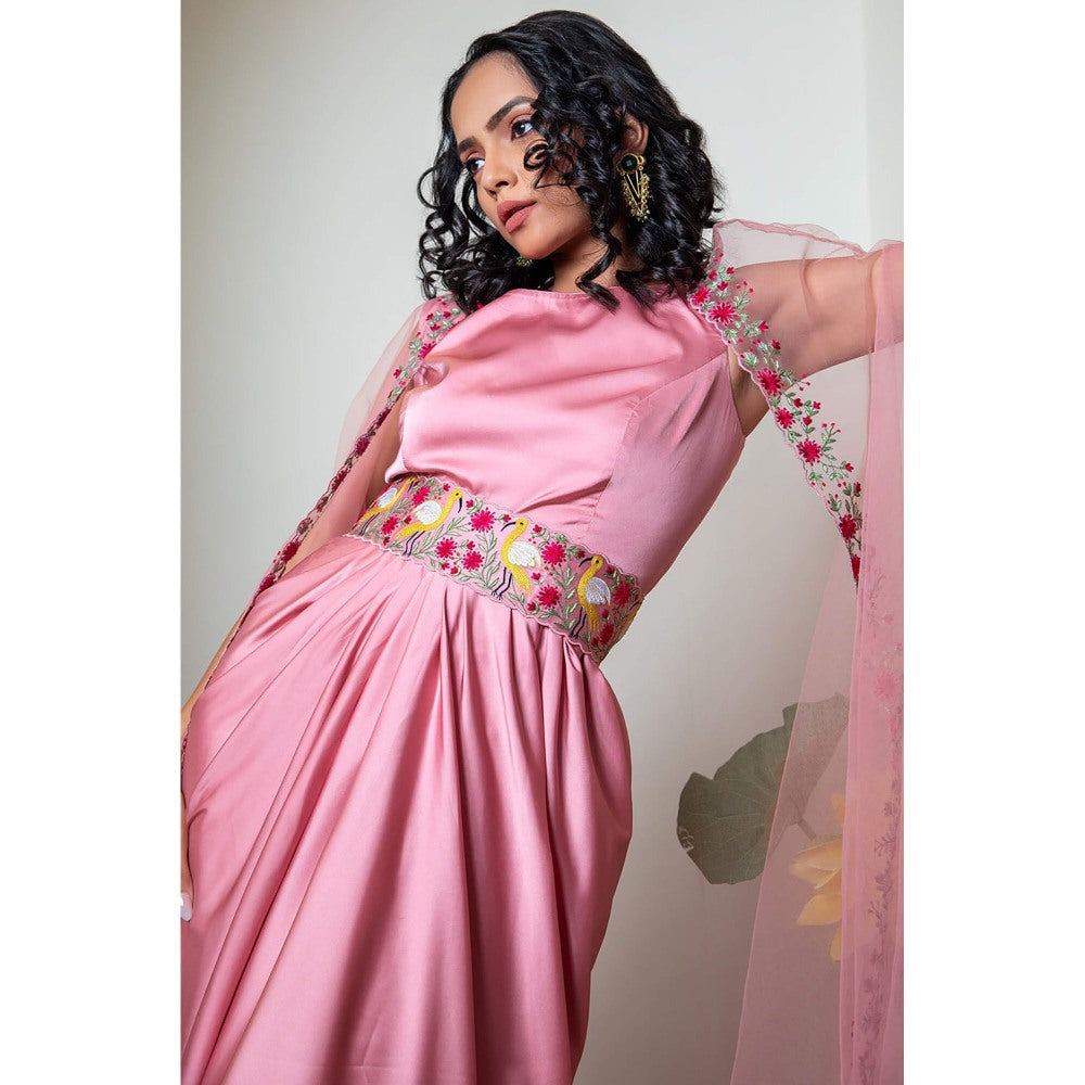Daatri by meenakshi kakkar Pink Drape Gown with Belt and Cape (Set of 3)