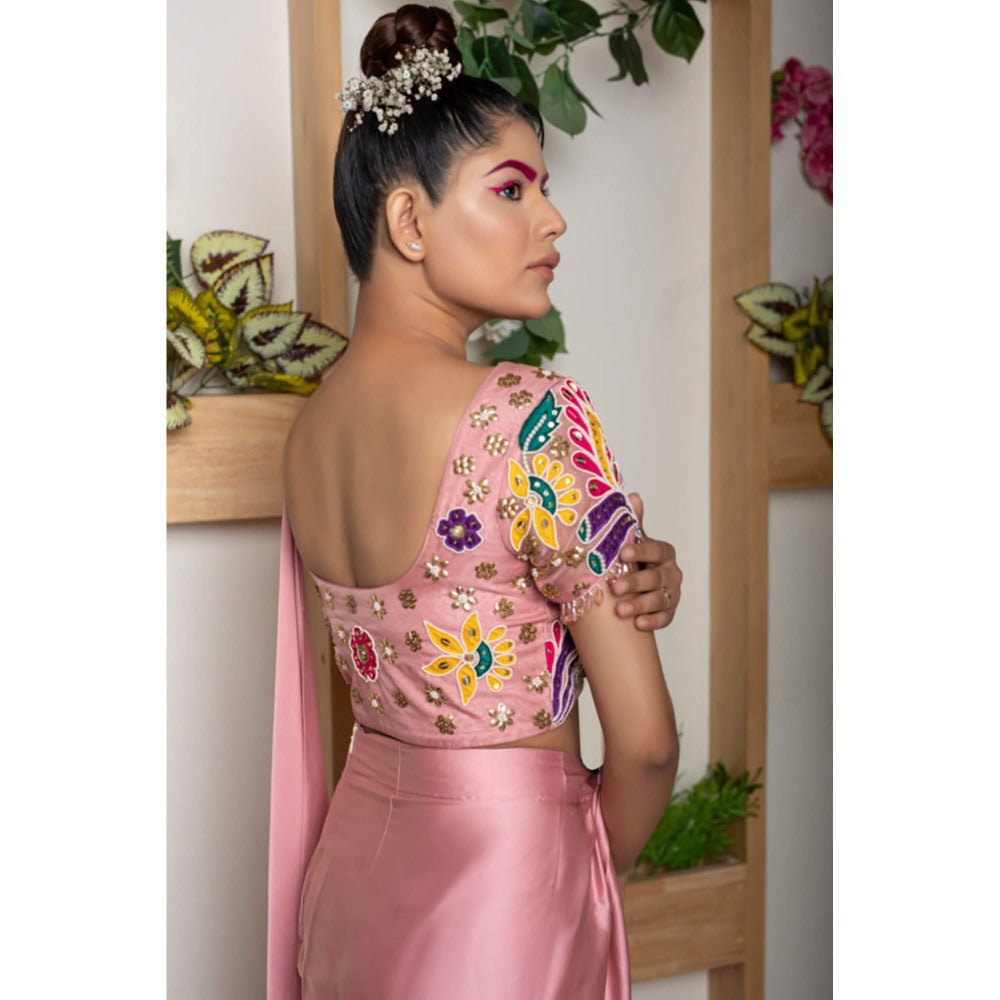 Daatri by meenakshi kakkar Pre Stitched Pink Embroidered Saree with Stitched Blouse