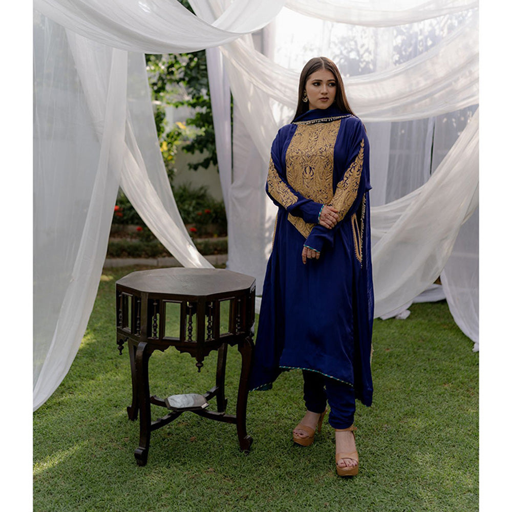 Daljit Sudan Navy Blue Long York Tilla Kurta (Set of 3)