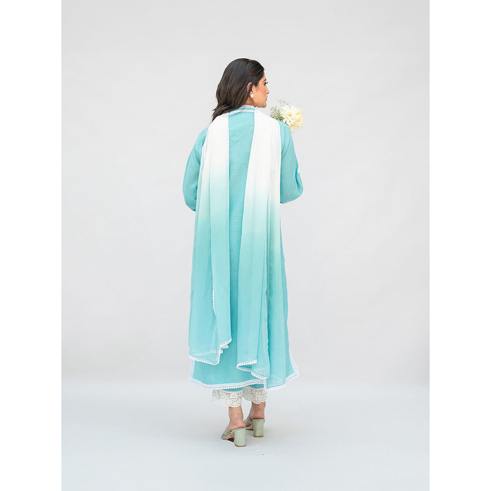 Daljit Sudan Aqua Blue Linen Kurta with Pant and Dupatta (Set of 3)