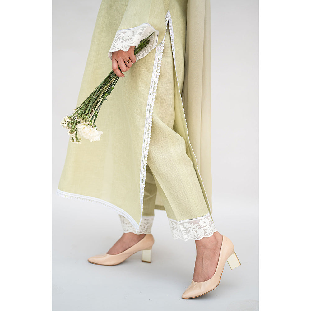 Daljit Sudan Sage Green Linen Kurta with Pant and Dupatta (Set of 3)