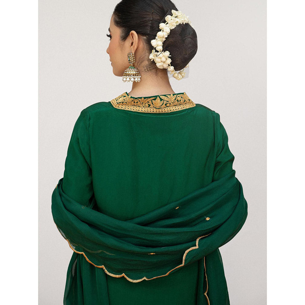 Daljit Sudan Emerald Green Crepe Tilla Kurta with Pant, Dupatta and Potli (Set of 4)