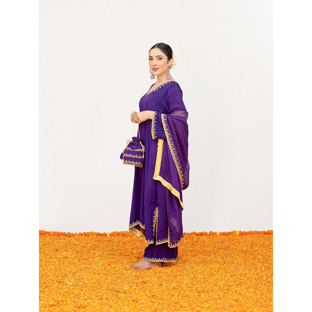 Daljit Sudan Dark Purple Crepe Tilla Minimal Kurta with Pant, Dupatta and Potli (Set of 4)