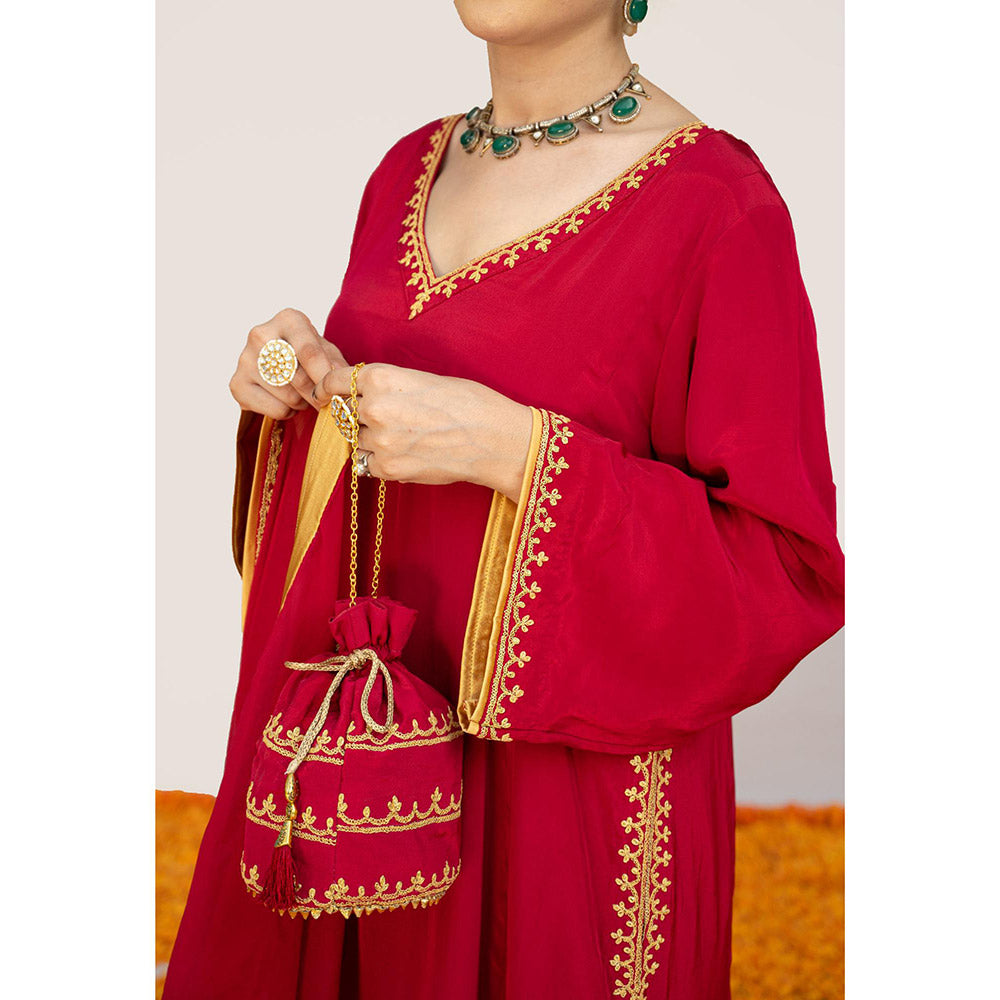 Daljit Sudan Cherry Red Crepe Tilla Minimal Kurta with Pant, Dupatta and Potli (Set of 4)