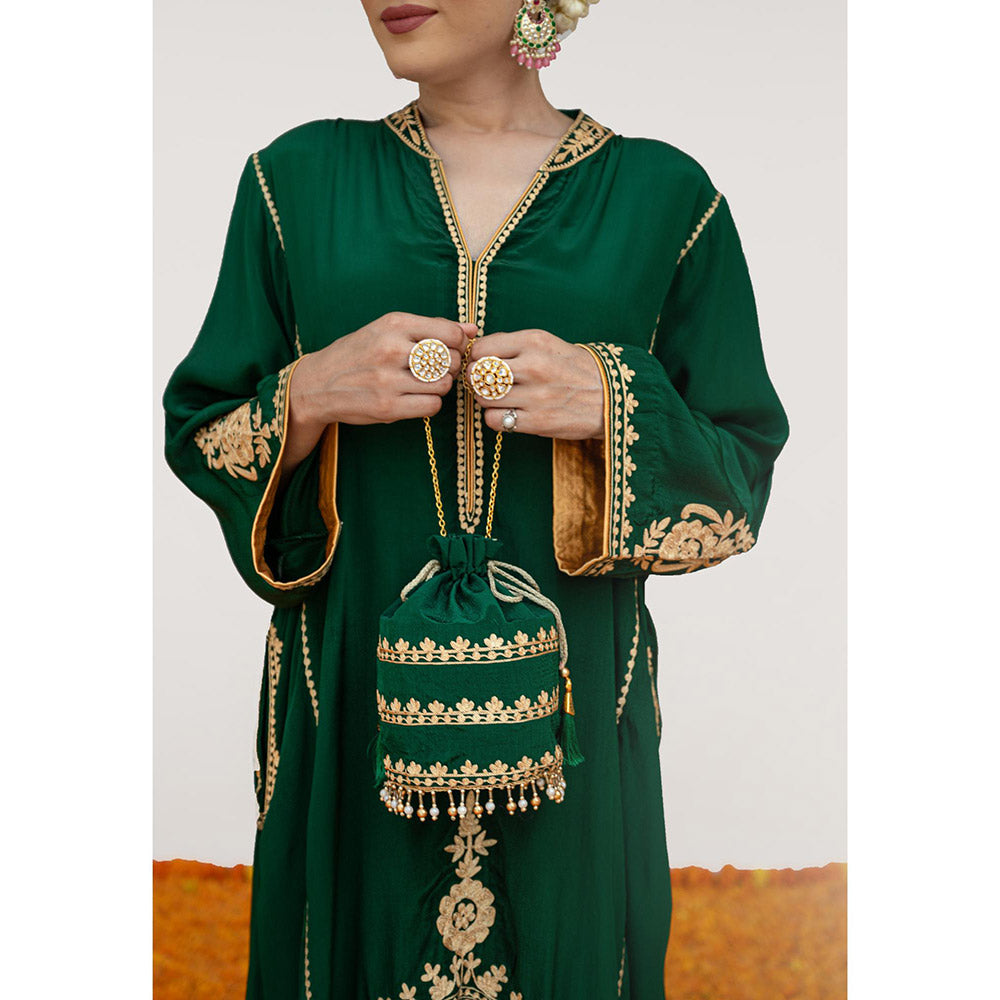 Daljit Sudan Emerald Green Crepe Aari Kurta with Pant and Potli (Set of 3)