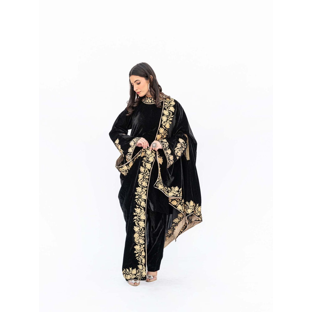 Daljit Sudan Black Velvet Cape with Kurta and Pant (Set of 3)