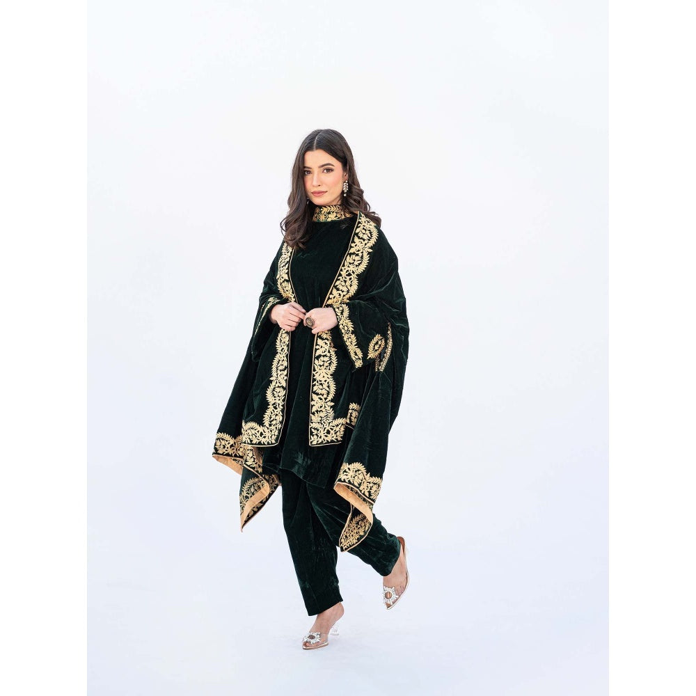 Daljit Sudan Dark Green Velvet Cape with Kurta and Pant (Set of 3)