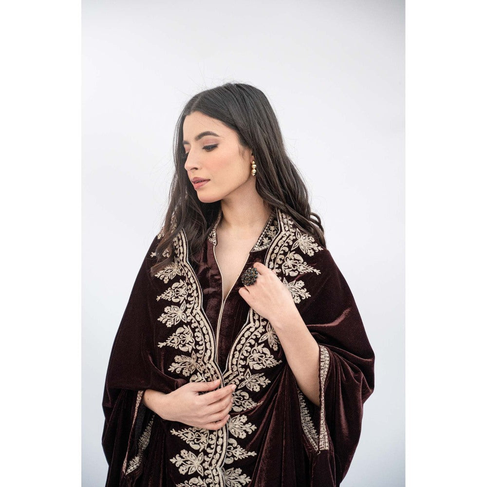 Daljit Sudan Brown Velvet Cutwork Cape with Kurta and Dupatta (Set of 3)